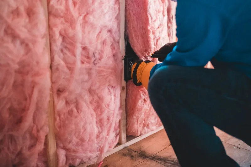 Un professionnel intervient sur une paroi isolée lors de travaux de rénovation